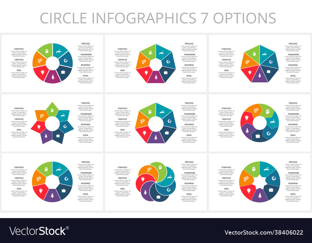 Set circle elements graph diagram with 7 steps