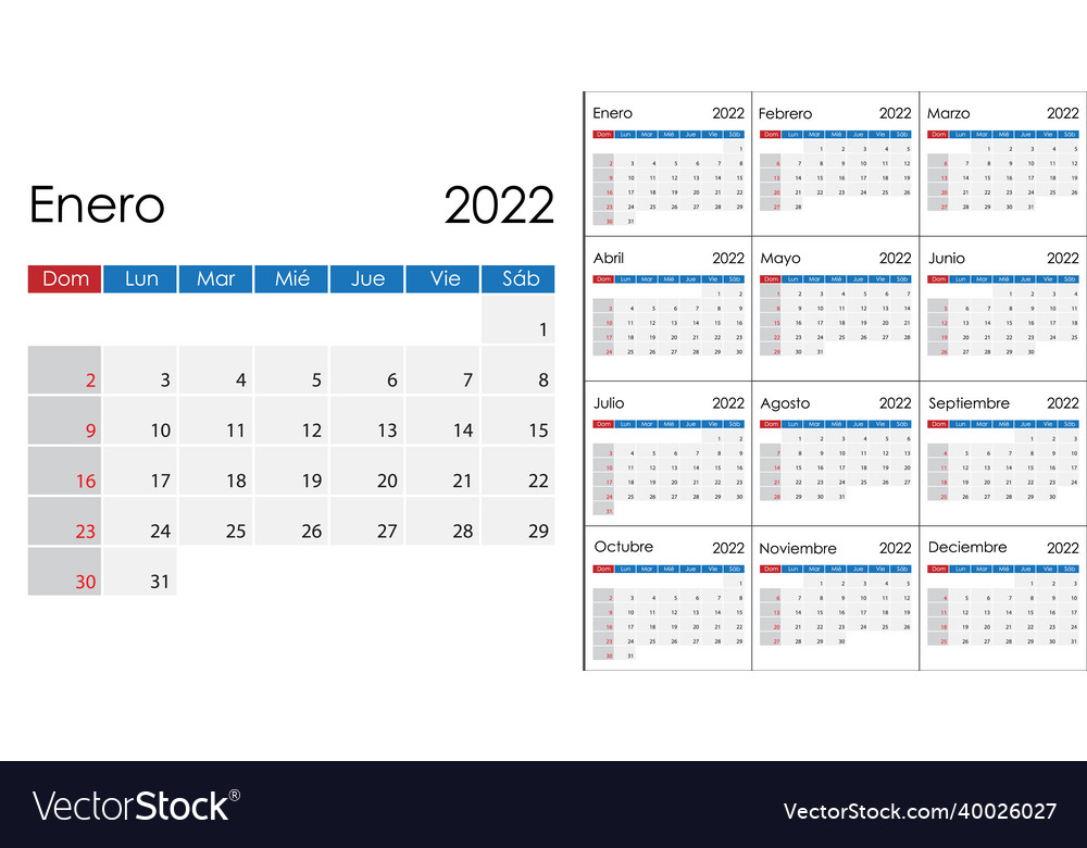 Simple calendar 2022 on spanish language week