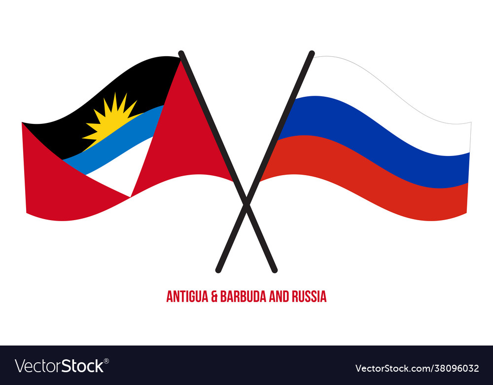 Antigua barbuda and russia flags crossed waving