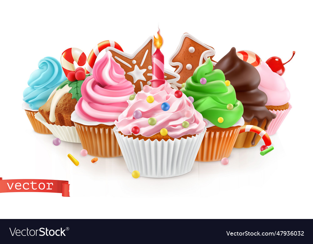 Holiday sweet dessert cake cupcake 3d realistic