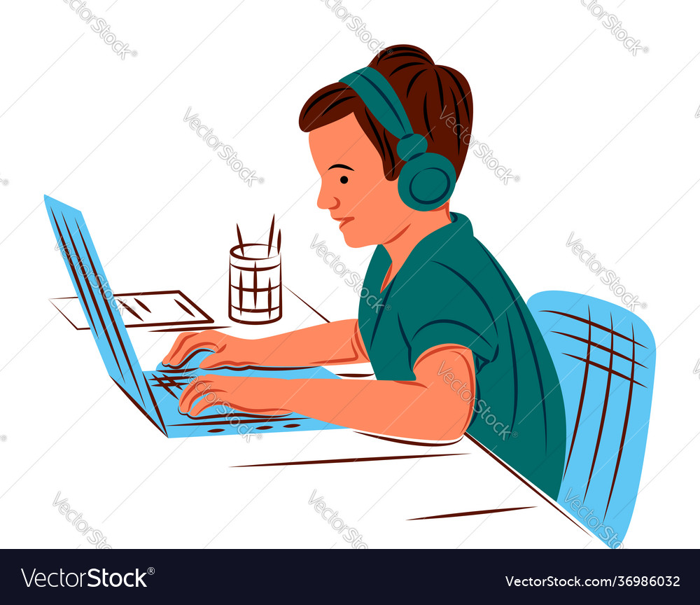 Kid with laptop in shadow sharp lines vector image Kid with laptop in shadow sharp lines