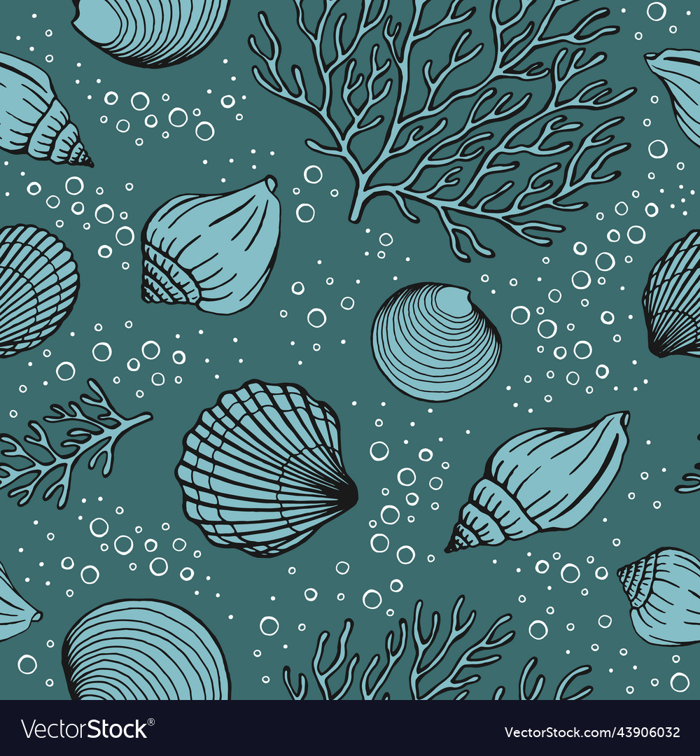 Seamless pattern with seashells corals marine