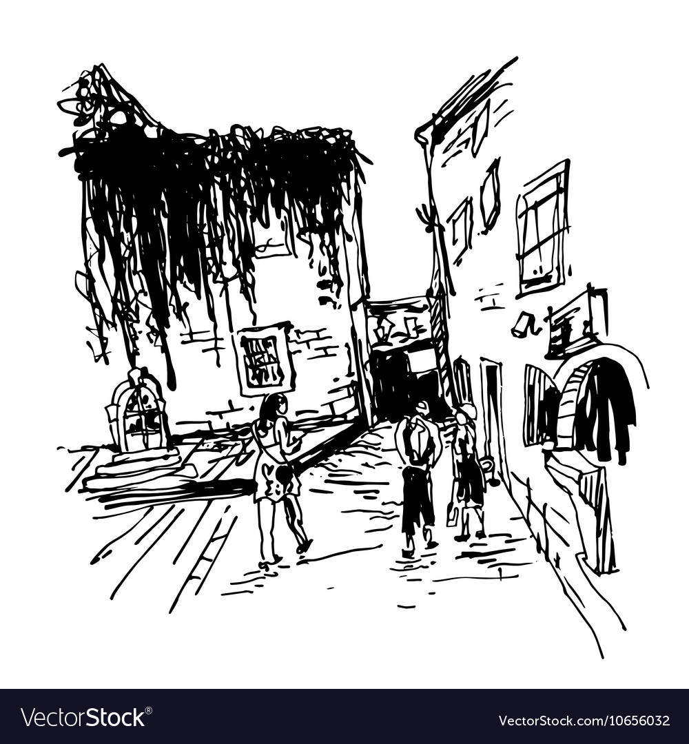 sketching of old building with clambering plant building sketching