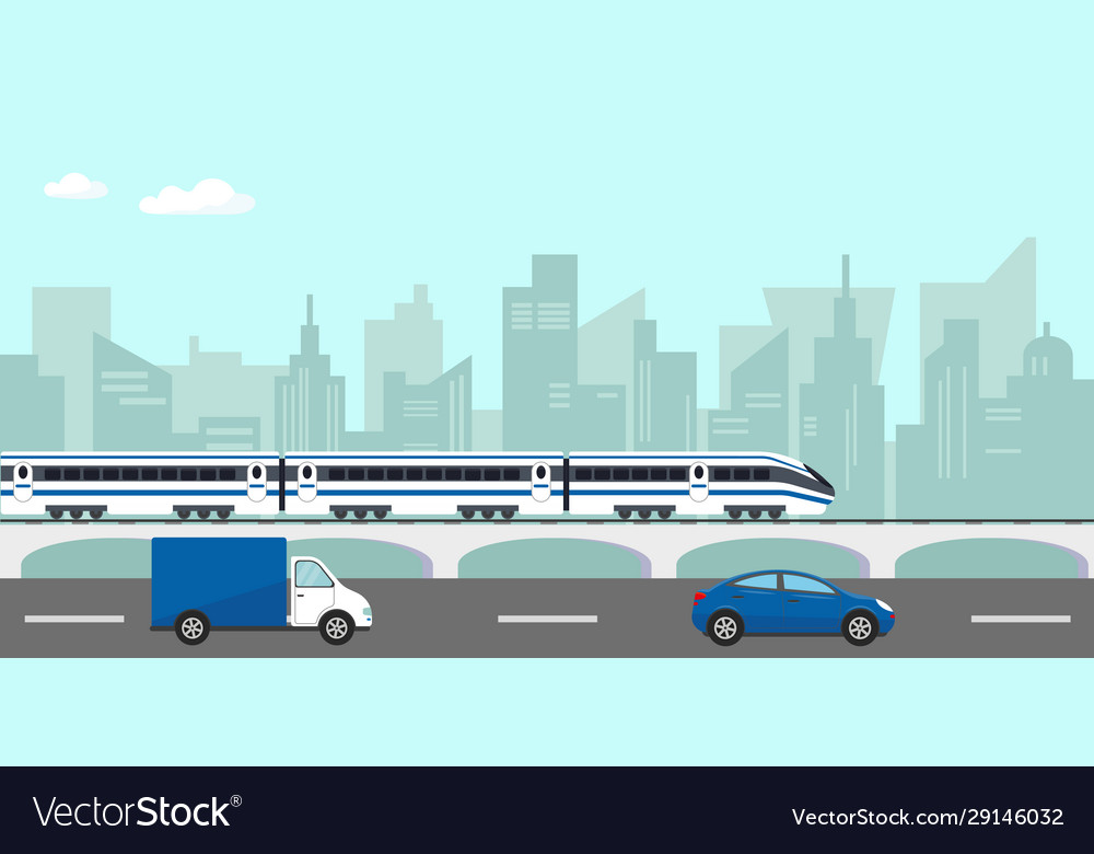 Urban landscape with buildings train and cars