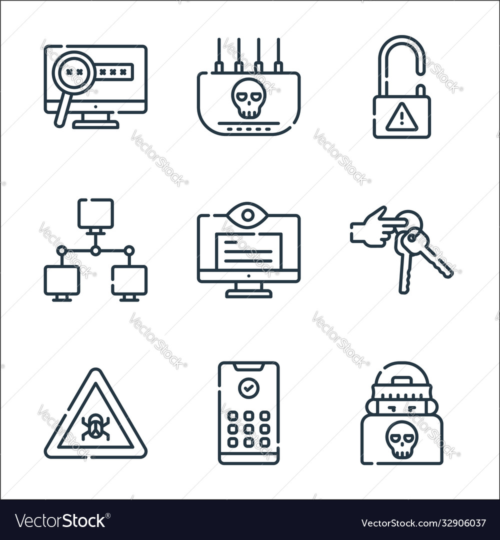 Hacker line icons linear set quality vector image Hacker line icons linear set quality