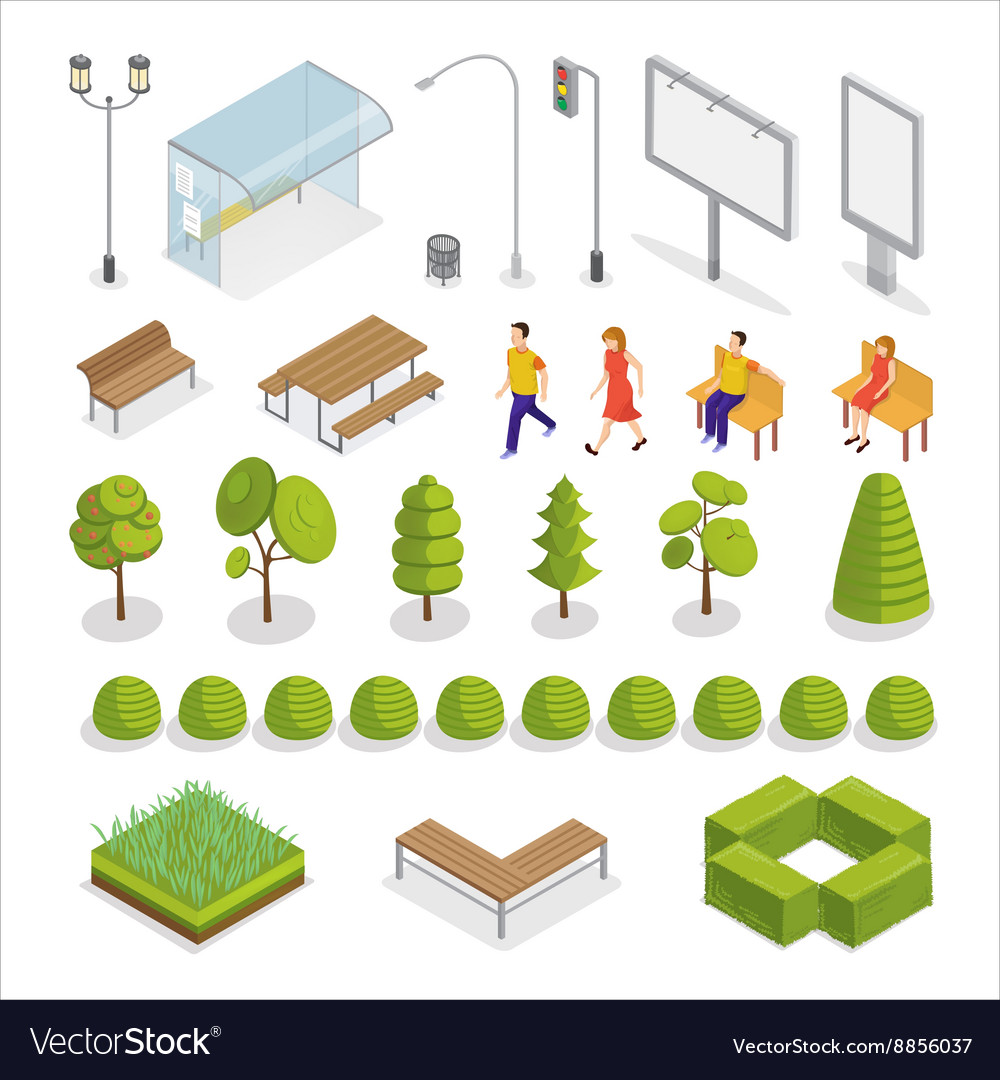 Isometric city people urban elements