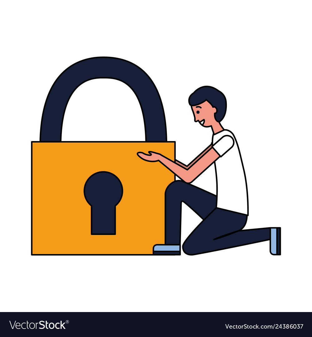 Man with padlock security white background