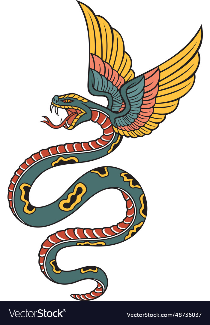 Old school style tattoo flying snake with wings Vector Image