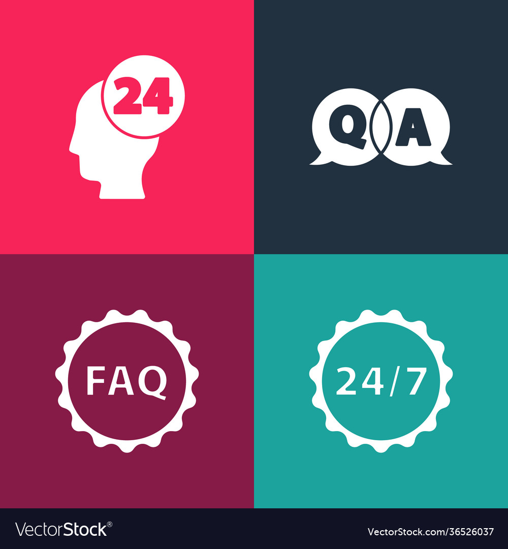 Set pop art clock 24 hours label with text faq