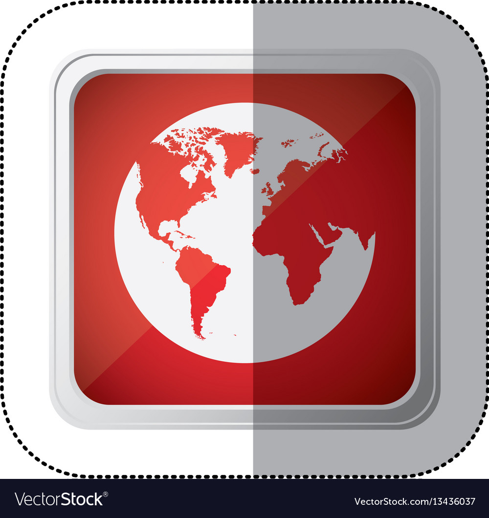 Sticker red square button with silhouette globe