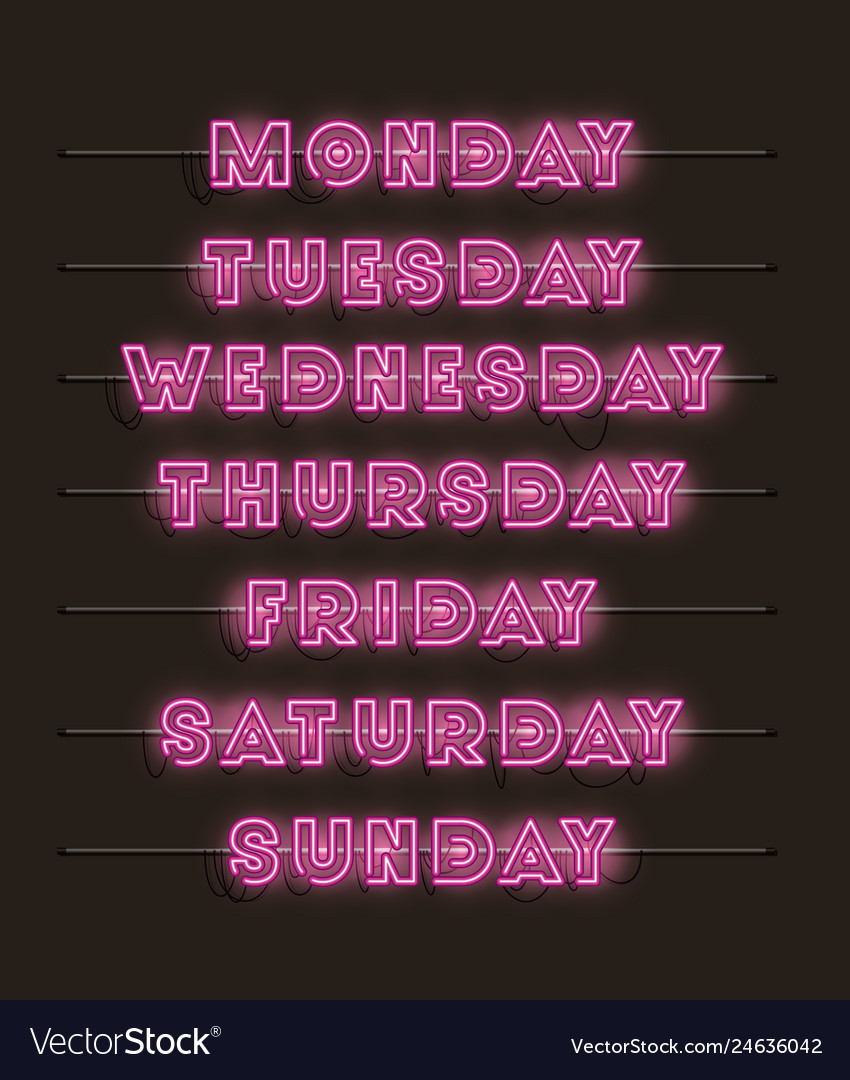 Week Days Set Fonts Neon Lights Royalty Free Vector Image