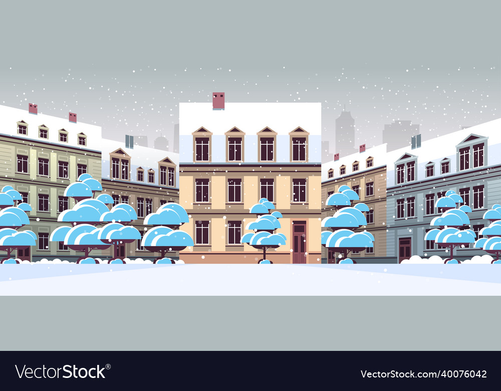 Winter city street with modern houses exterior