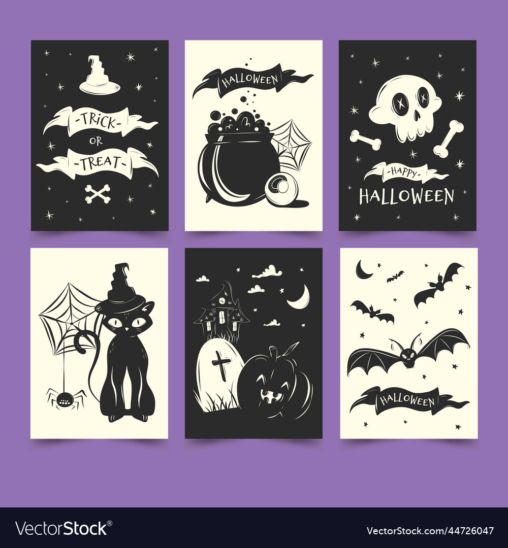 Flat halloween kartenkollektion schwarz weiß design