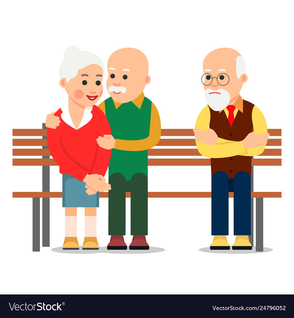 Old couple sit on bench elderly man hugs the Vector Image