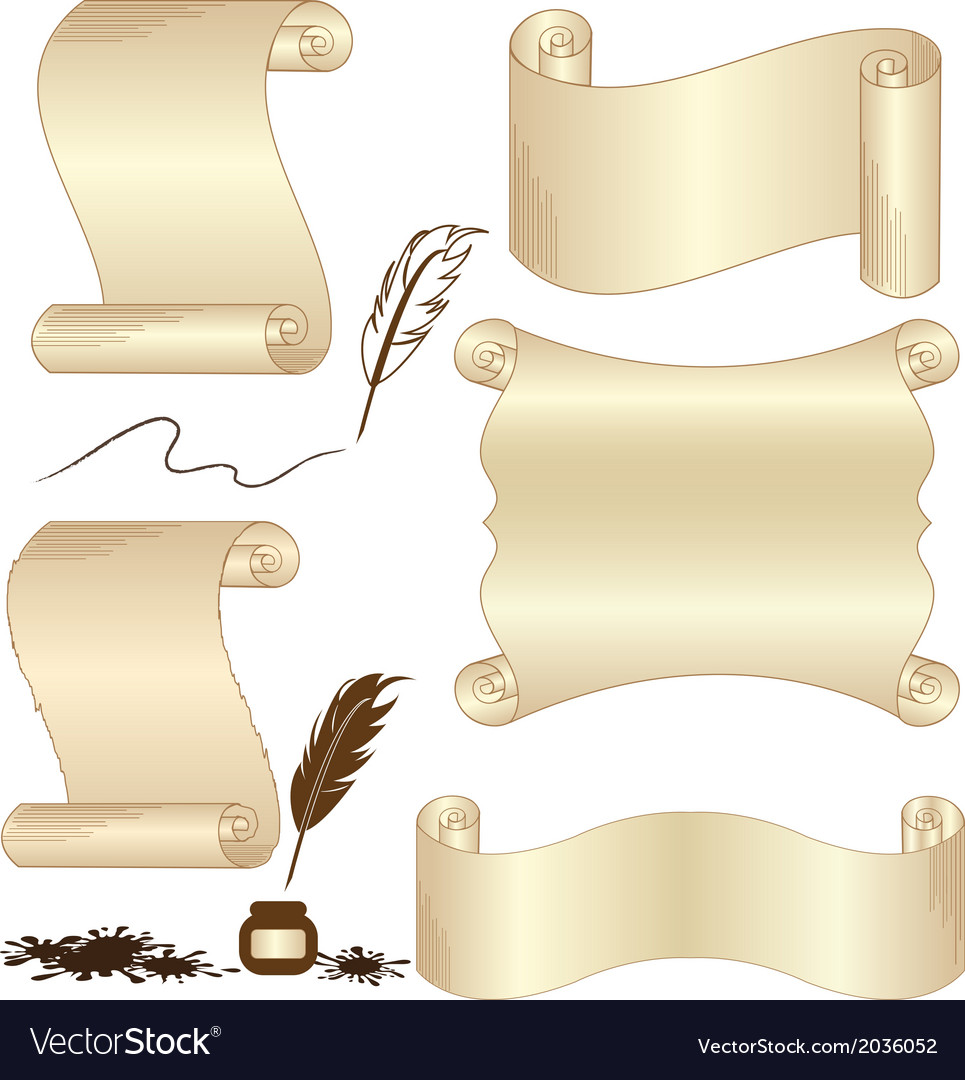 Parchment set with feather isolated Royalty Free Vector