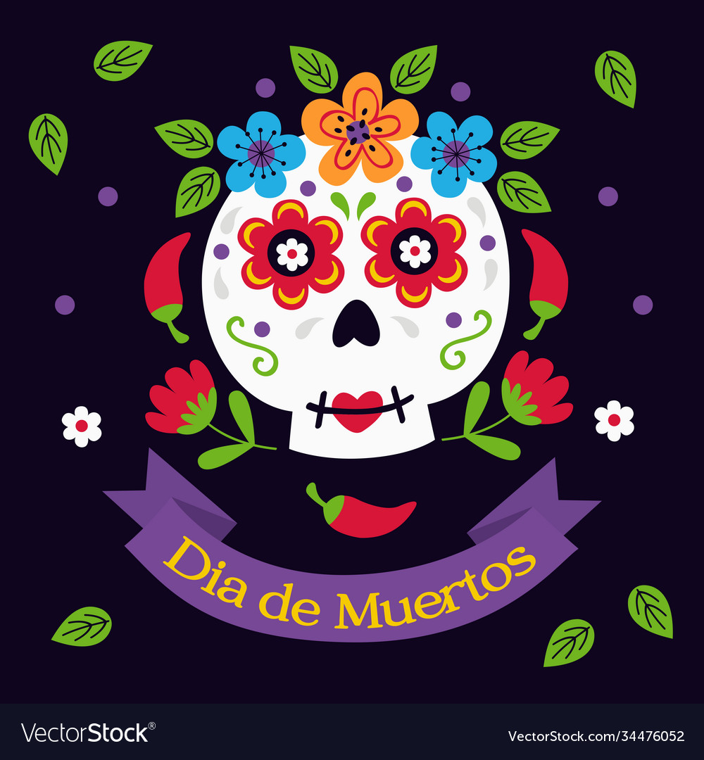 Sugar skull with flowers and pepper Royalty Free Vector