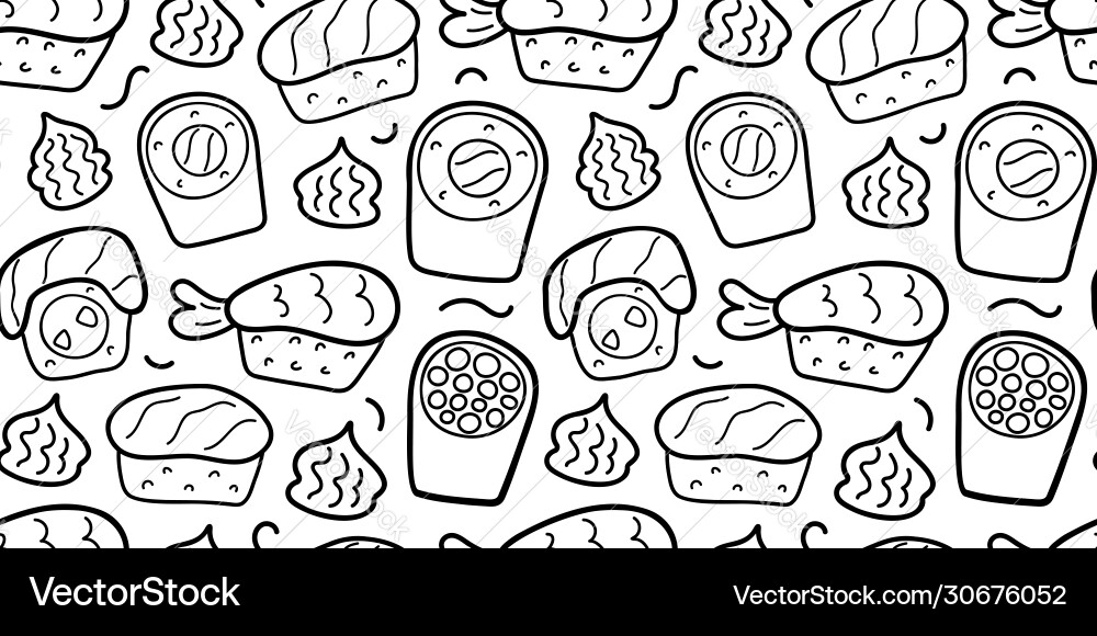 Sushi doodle pattern linear hand drawn Royalty Free Vector
