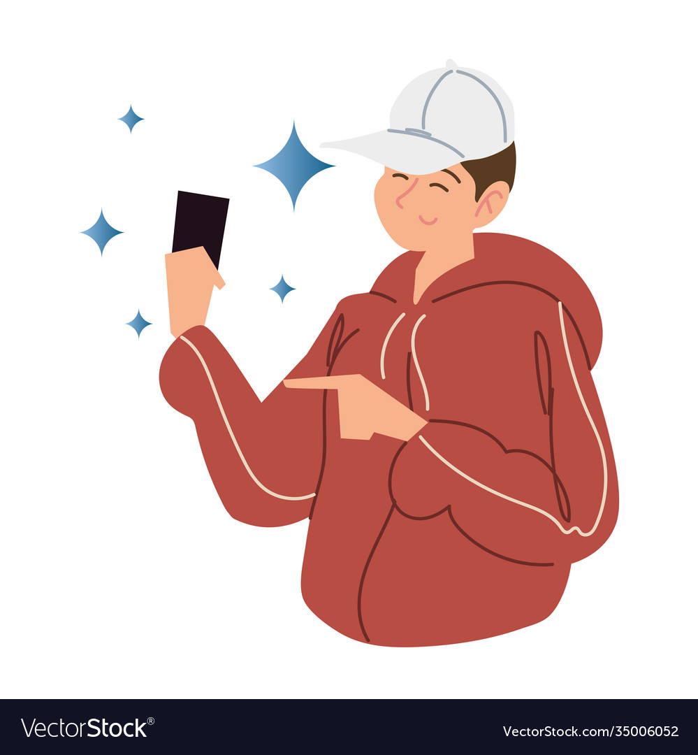 Young man wearing sport cap with smartphone