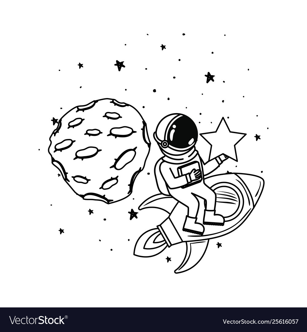 Astronaut with spacesuit and rocket in white