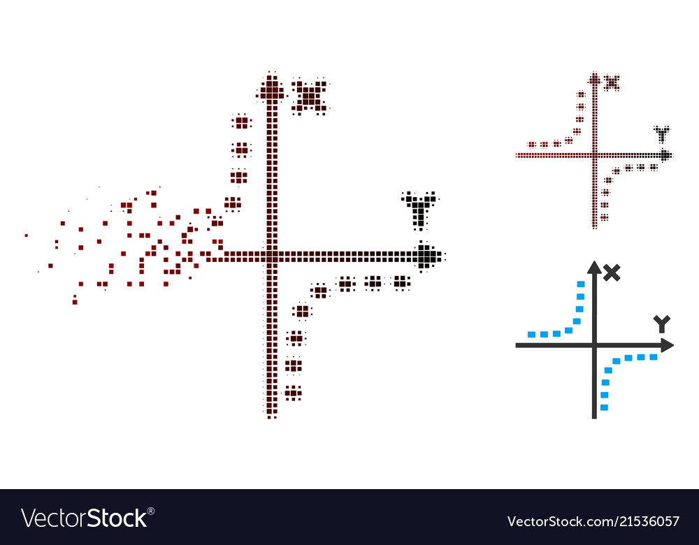 Fractured pixel halftone dotted hyperbola plot