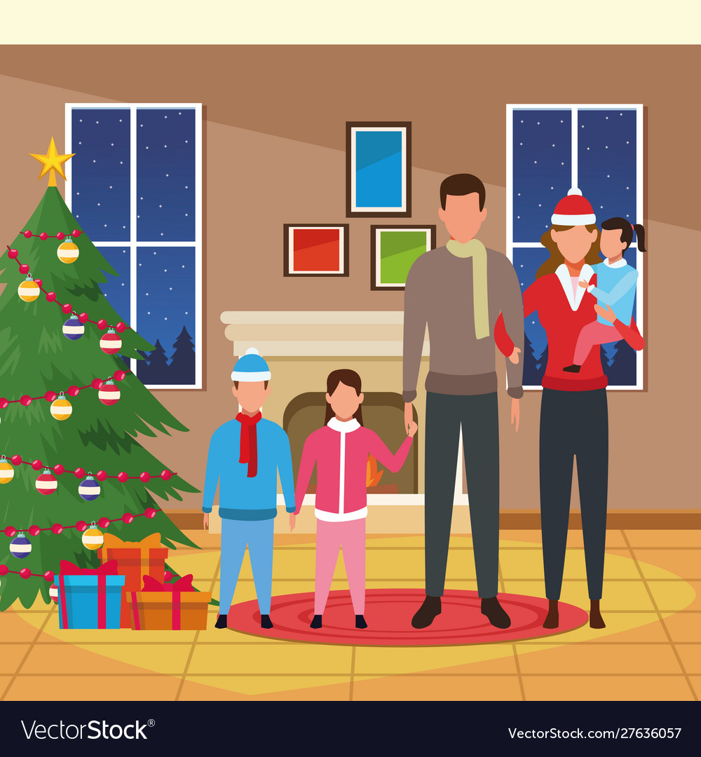 Happy family with kids next to christmas tree Vector Image