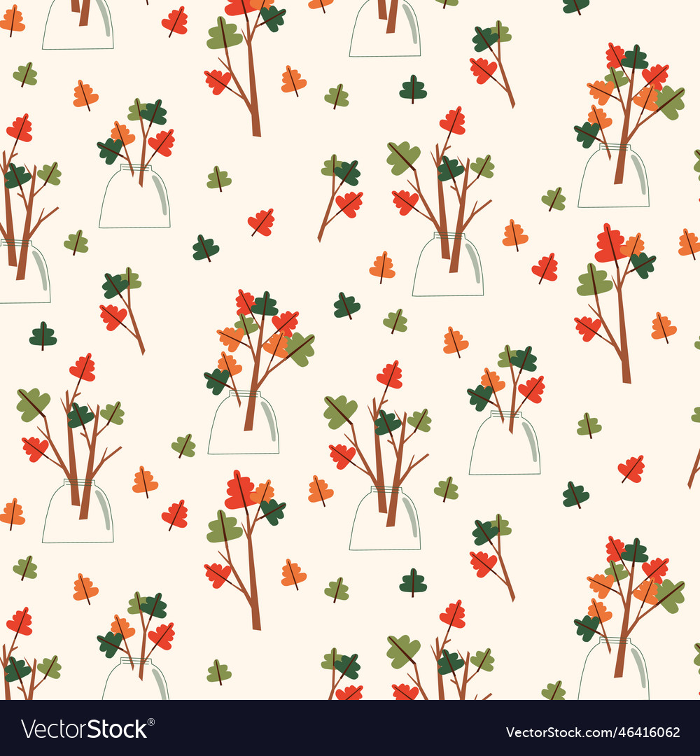 A pattern of autumn leaves and branches with red