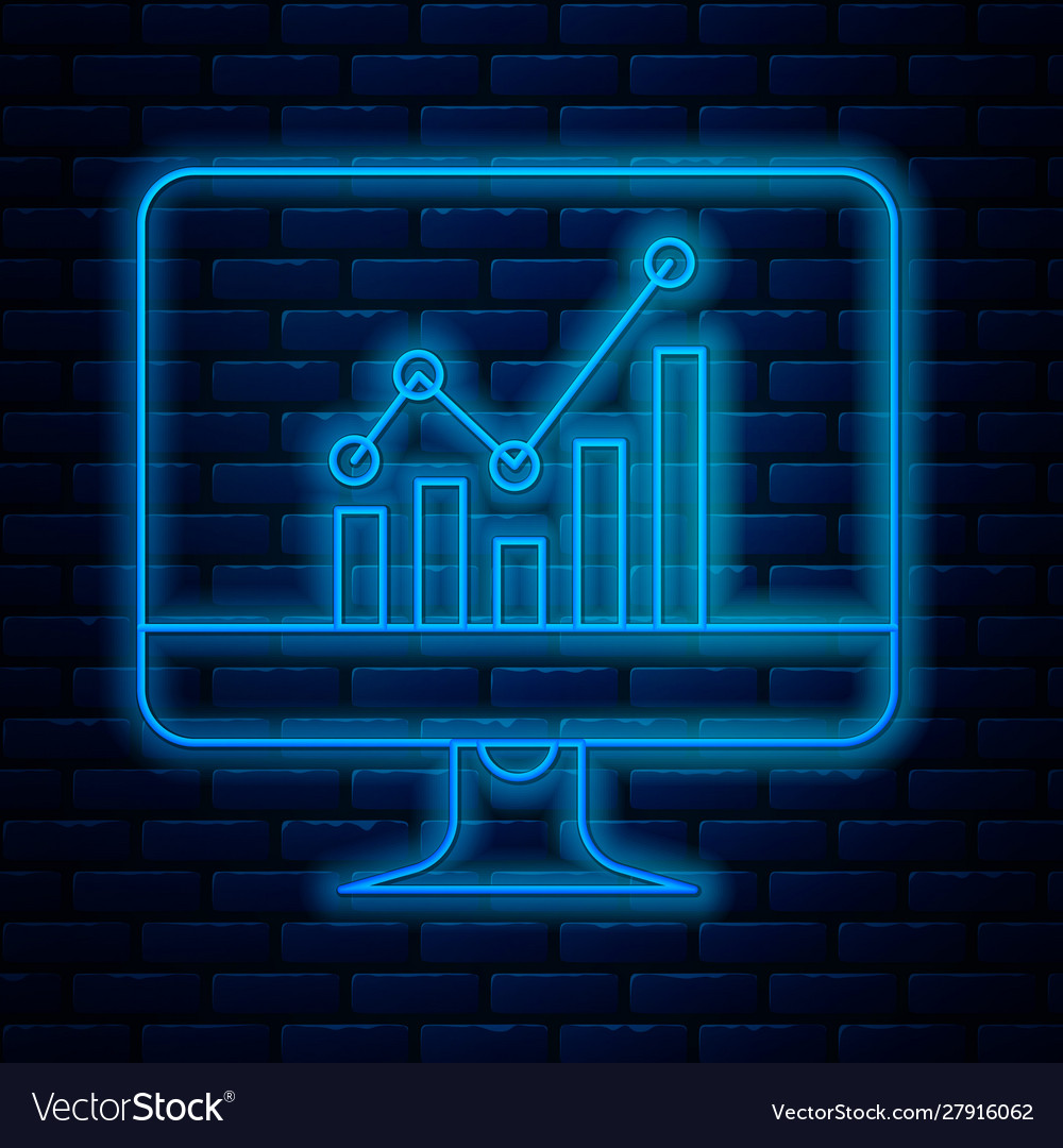 Glowing neon line computer monitor with graph vector image Glowing neon line computer monitor with graph