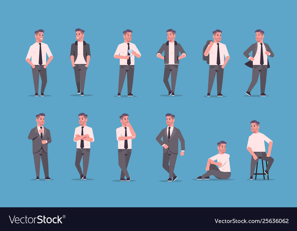 Set businessmen in formal wear standing different