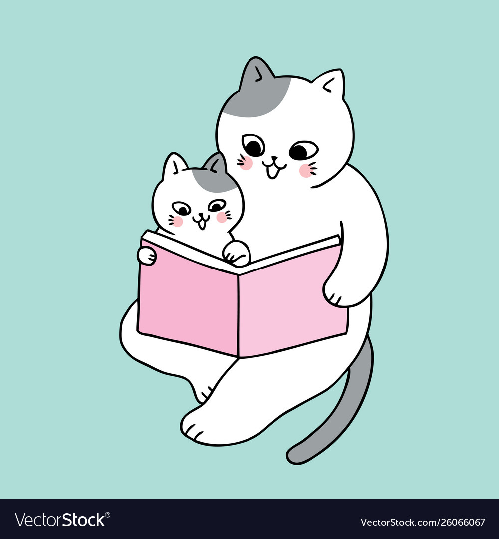 Cartoon cute dad and baby cat reading book