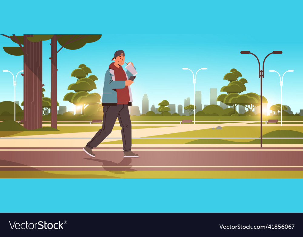 Man drinking coffee with straw and using Vector Image Man drinking coffee with straw and using