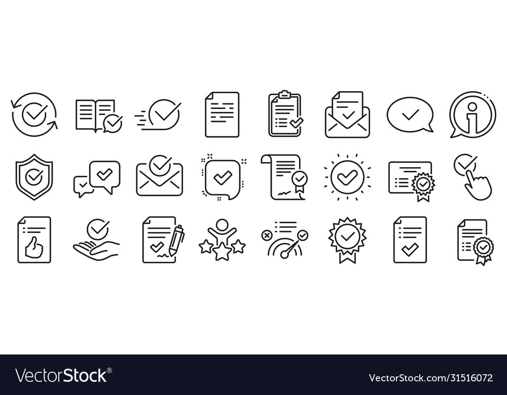 Approve line icons set check list certificate vector image Approve line icons set check list certificate
