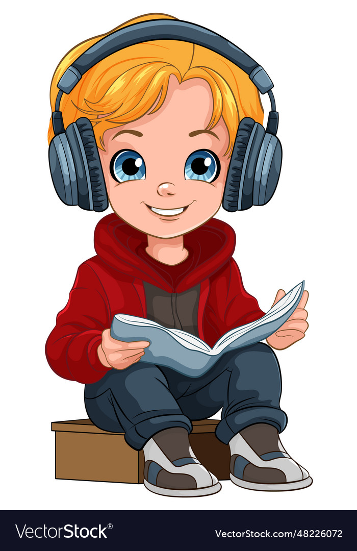 Boy reading a book and wearing headset Royalty Free Vector