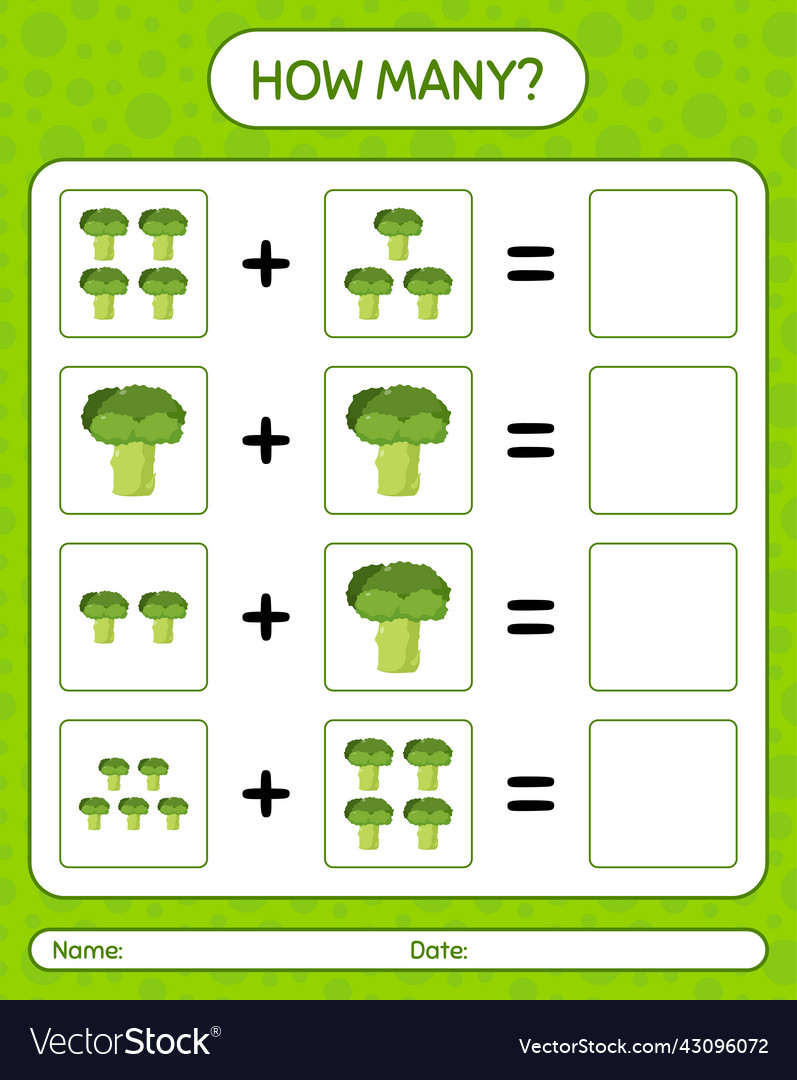 How many counting game with broccoli worksheet vector image How many counting game with broccoli worksheet