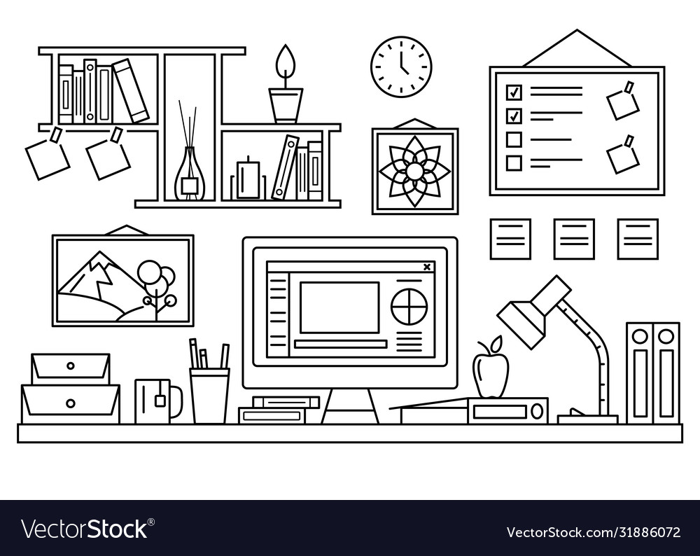 Office table workspace concept contour linear vector image Office table workspace concept contour linear