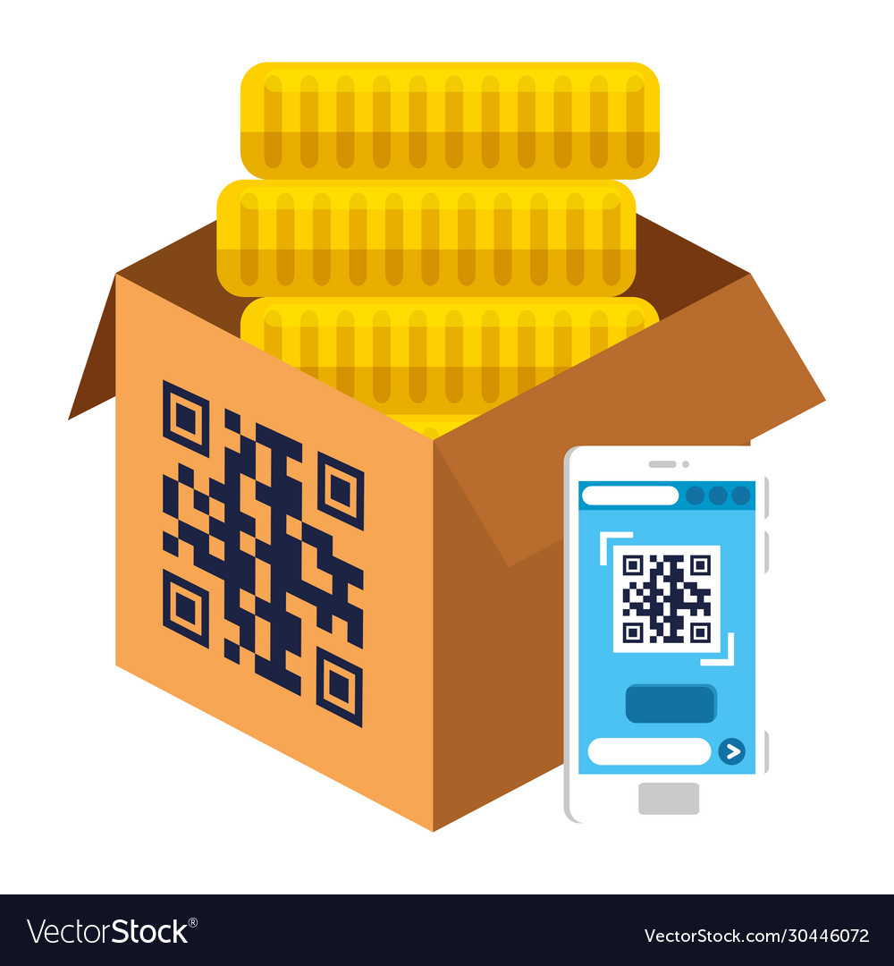 Qr code over box coins and smartphone