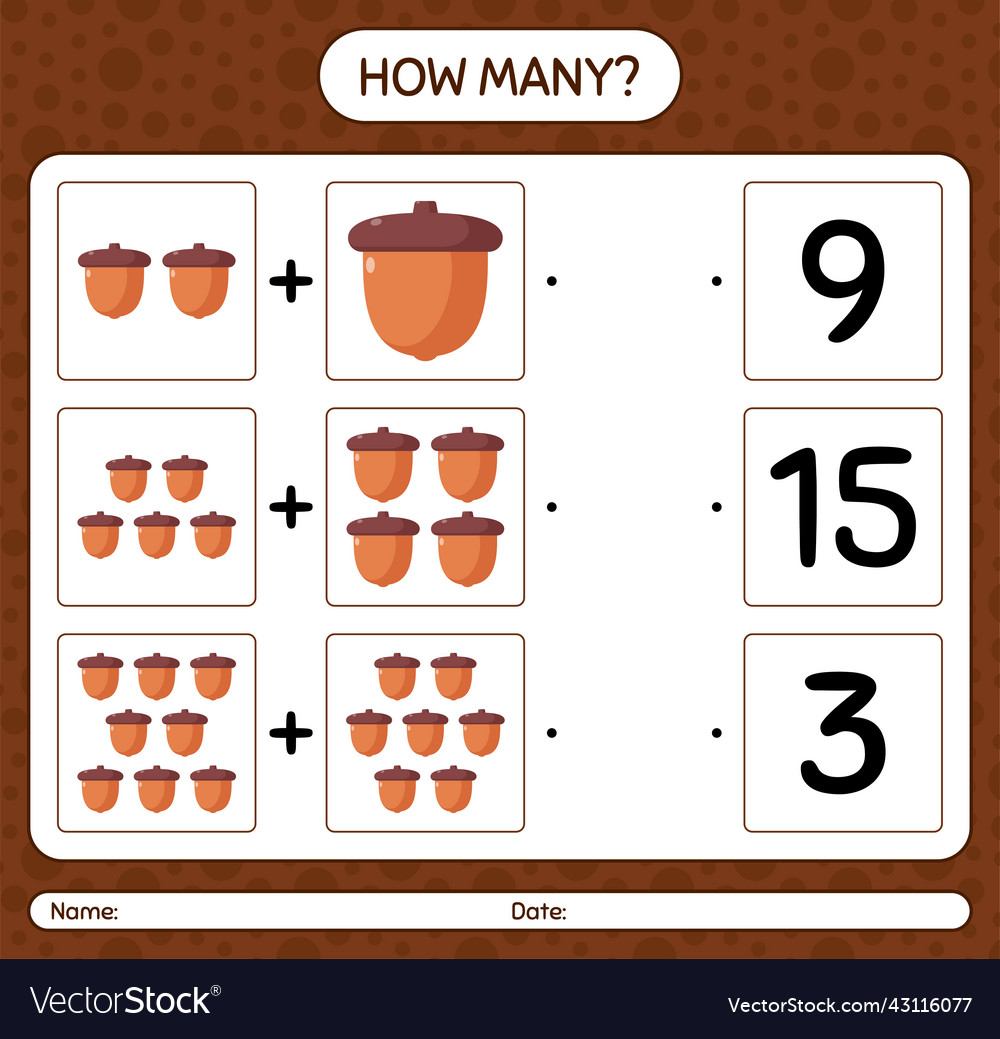 How many counting game with acorn worksheet vector image How many counting game with acorn worksheet