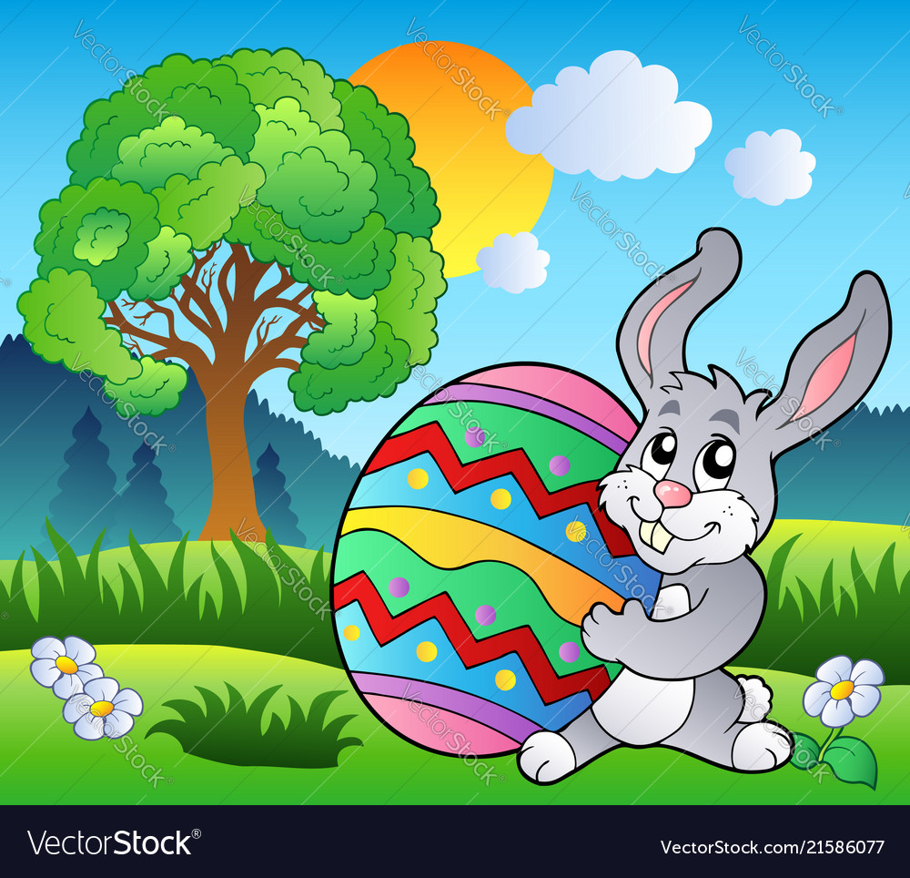 Wiese mit Baum und Osterhase vector image Wiese mit Baum und Osterhase