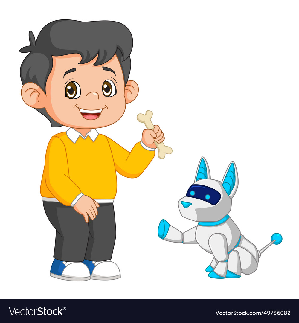 A little boy is giving bone for cyber dog Vector Image