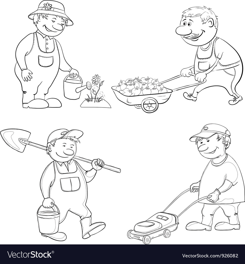 Cartoon gardeners work outline Royalty Free Vector Image