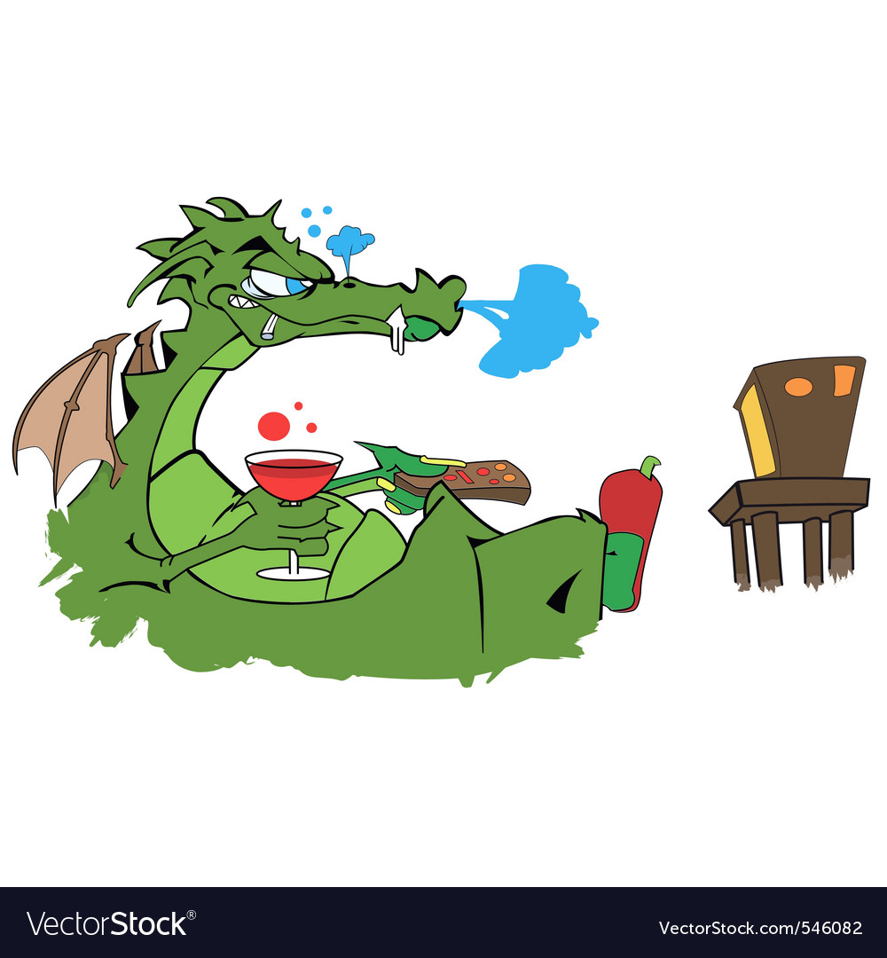 Drawing of a dragon watching tv with glass wi