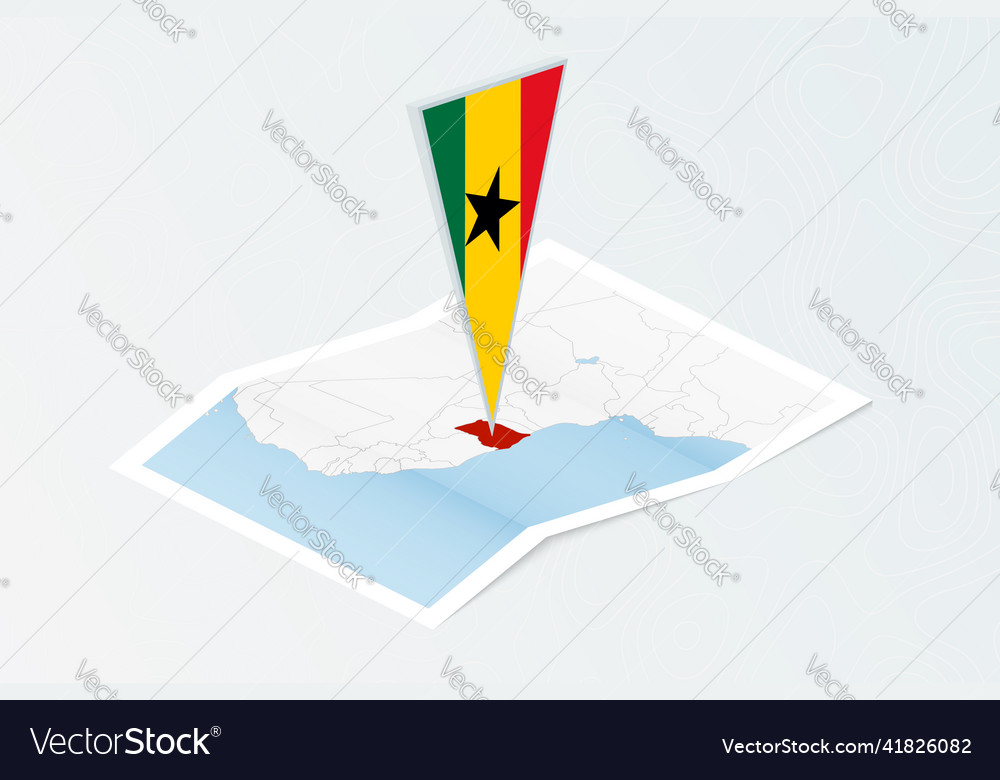 Isometric paper map of ghana with triangular flag
