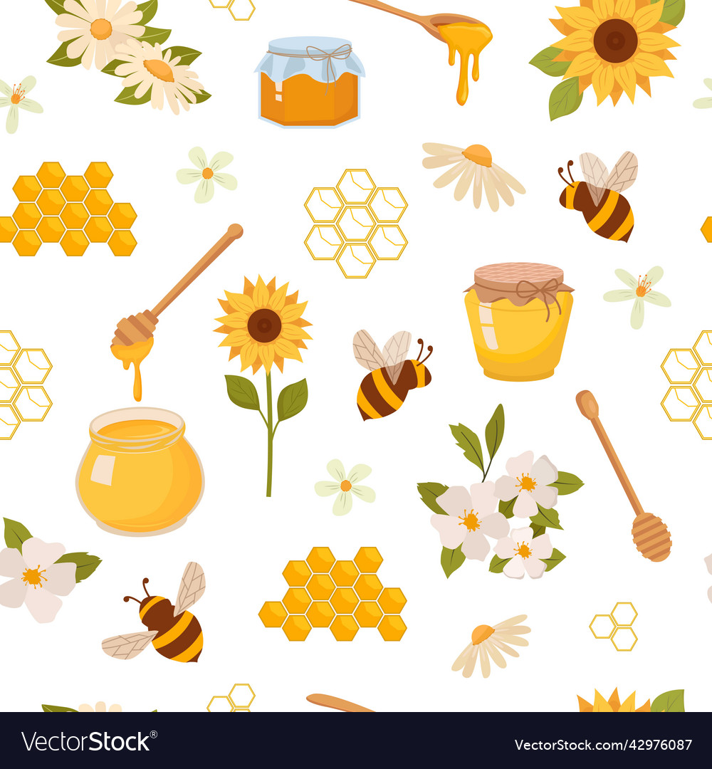 Apiary pattern bee honey wax comb and flowers