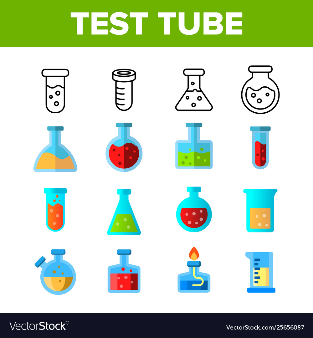 Test tubes and flasks color icons set