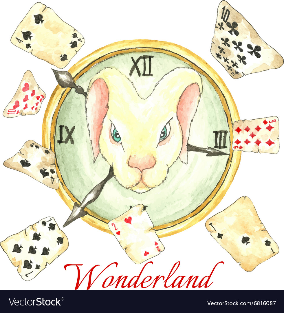 White rabbit on the clock and old playing cards