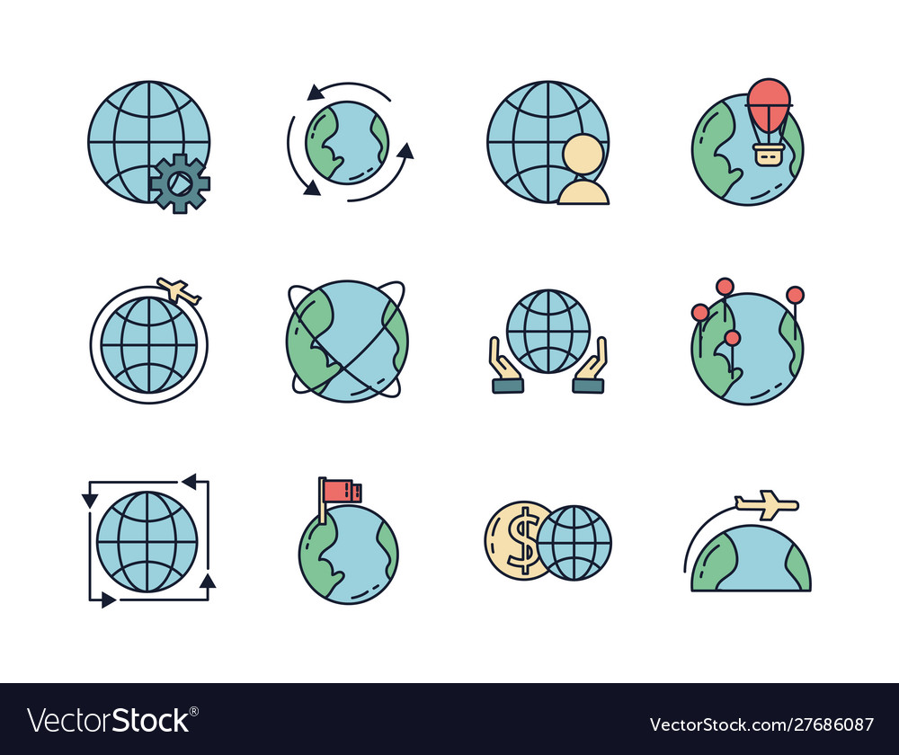 World map global icons set line filled