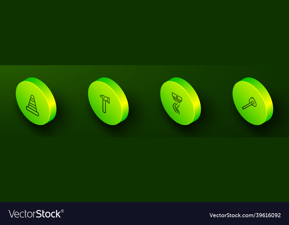 Set isometric line traffic cone firefighter axe