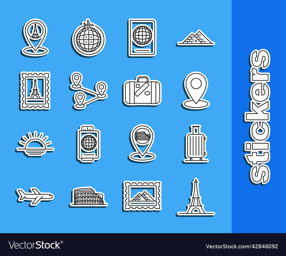 Set line eiffel tower suitcase for travel map vector image Set line eiffel tower suitcase for travel map