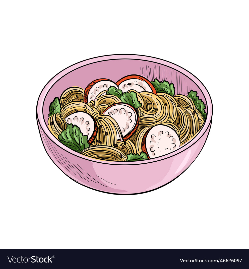Drawing bowl with udon noodles Royalty Free Vector Image