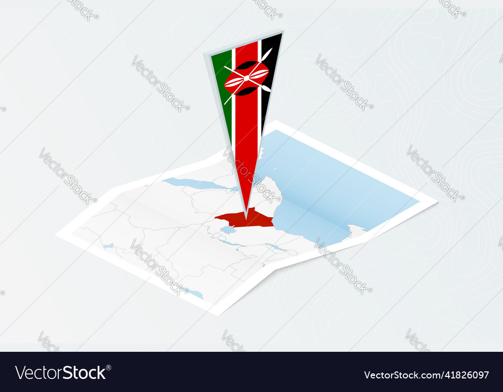 Isometric paper map of kenya with triangular flag