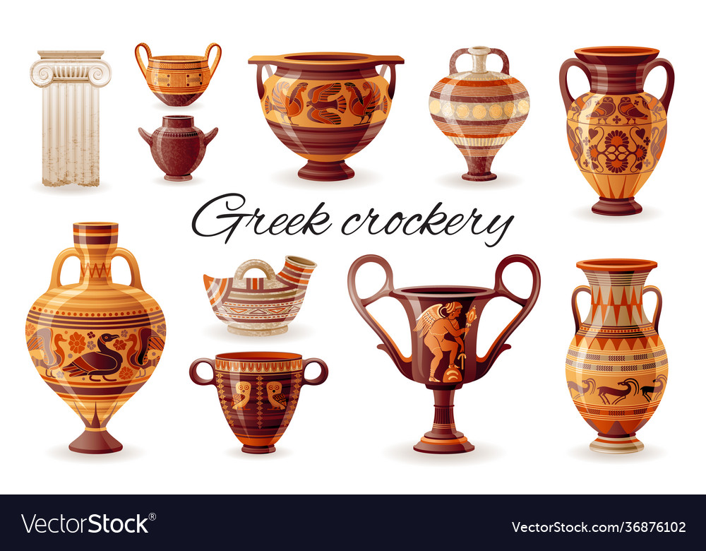 Ancient greek vase set pottery antique Royalty Free Vector
